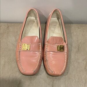 Louis Vuitton Pink Patent Leather Loafers with Gold Hardware